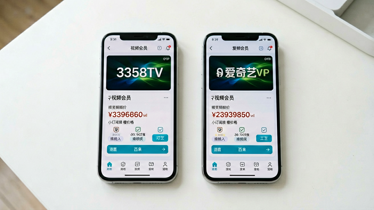 在手机屏幕上并排展示3358TV视频与爱奇艺的会员价格页面进行价格直观对比