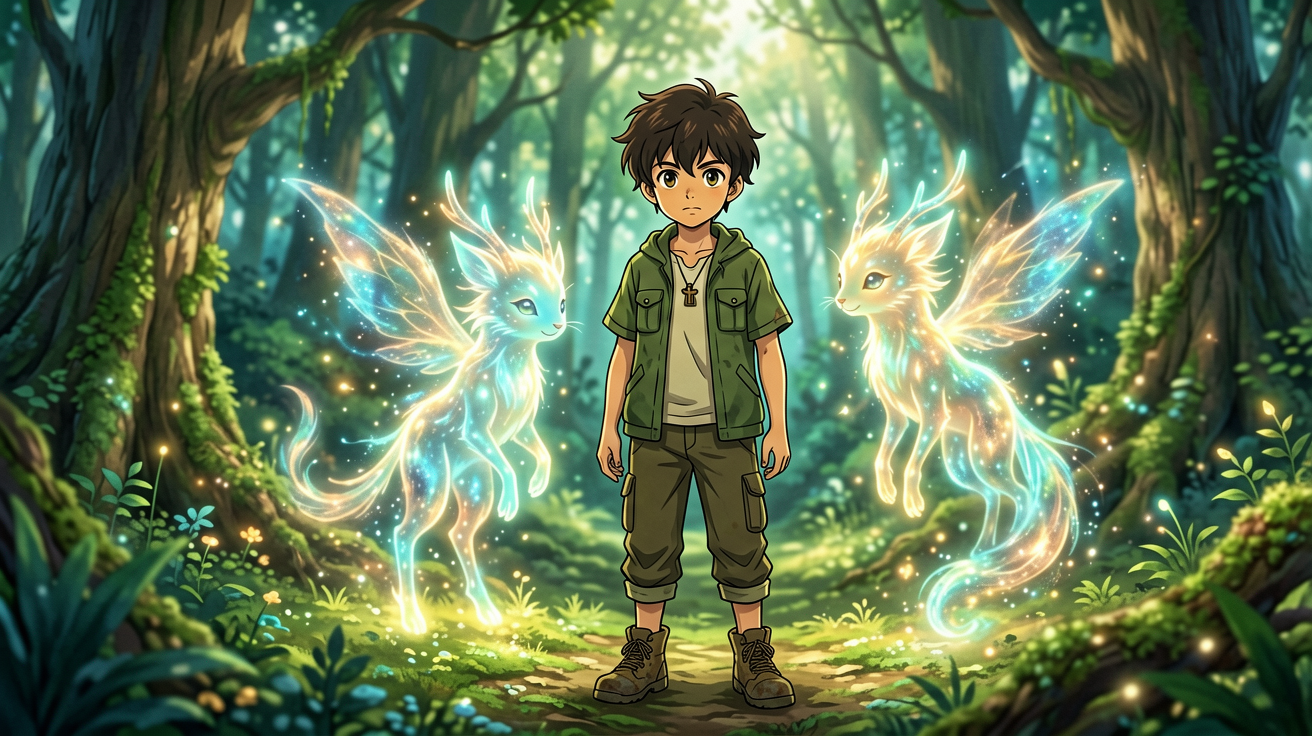 3358TV视频动画区热门作品《幻兽世界》海报，主角与神秘生物并肩而立